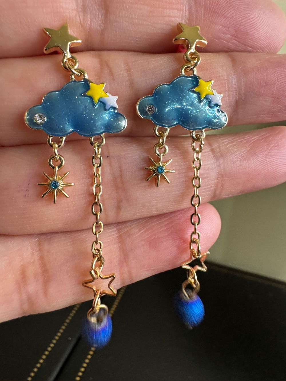 Blue Cloud Star Dangle Earrings - Cute Gold Accent